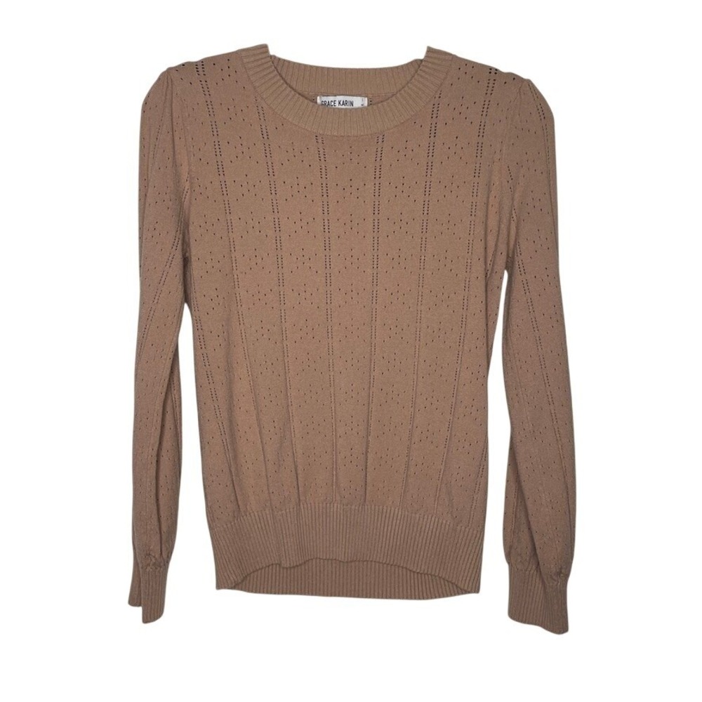 Grace Karin Pointelle Knit Sweater Womens L Tan Puff Sleeve Crew Neck Soft Girl